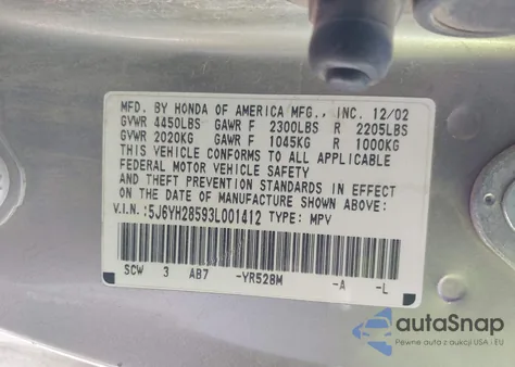 2003 Honda Element Ex из США, поврежденный, VIN 5J6YH28593L001412